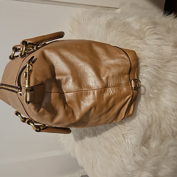 Coach Ashley Shimmery Tan Or Metallic Gold Bronze Leather Script Satchel F15447 - Picture 6 of 12